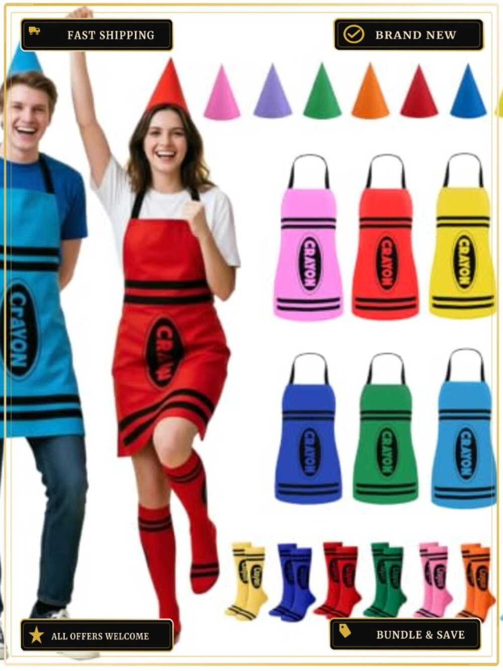 Crayon Costume Apron Set Cone Hats Socks Halloween Group Outfit Adults